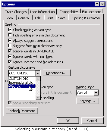 Selecting a custom dictionary - Word 2000.